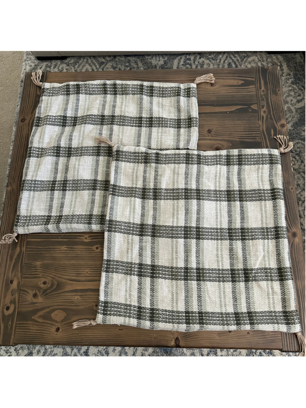 Threshold Plaid Pillow Covers Set of 2 24x24 Green Cream Tassel Cotton Linen